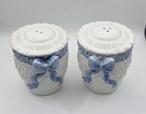 Vintage Ceramic Salt & Pepper Shakers Blue Bow Ribbon Embossed Cottage Kitchen
